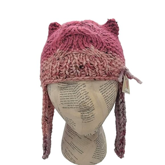 ⭐GIRL'S Handmade Striped Multicolor Knit Beanie Cat Ears Warm Winter Quirky Pink - Picture 2 of 7